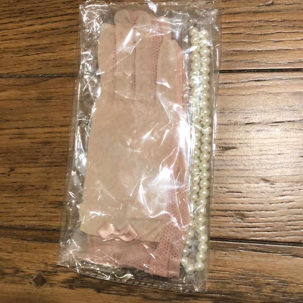 Pink Lace Gloves with Pearl Necklace & Pearl Stud Earrings